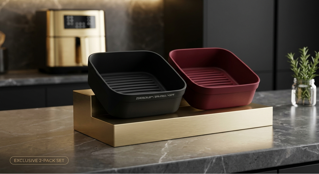 Two silicone baking pans, one black and one dark red, displayed on a gold-colored stand on a dark marble kitchen countertop.