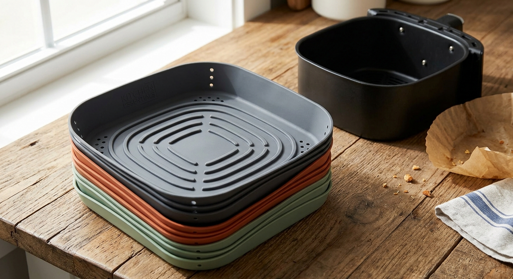 A stack of square silicone or plastic tray liners in black, orange, and sage green sits on a rustic wooden table next to a black air fryer basket and a paper liner.