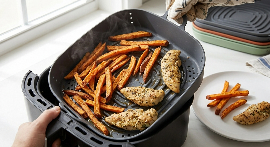 A black air fryer basket is shown being lifted by a hand and cloth, containing cooked chicken pieces and sweet potato fries. A white plate with food sits nearby on a bright kitchen counter, with stacked cookware visible in the background.