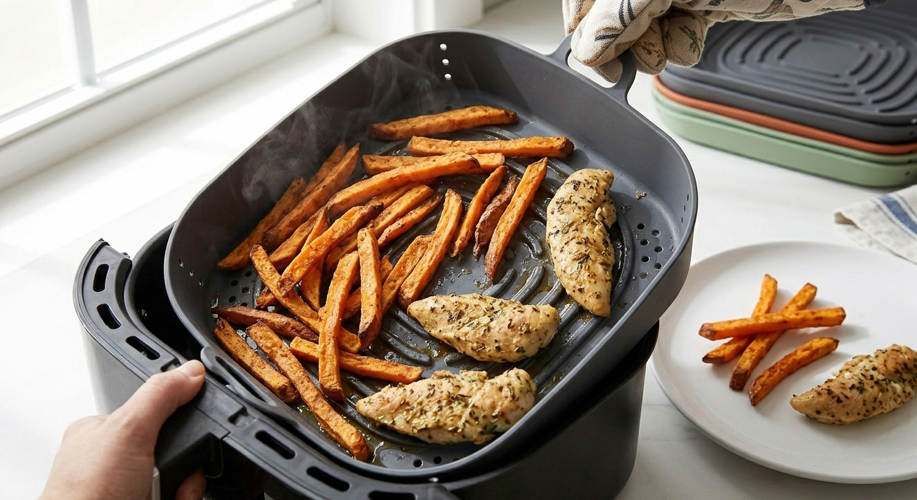 A black air fryer basket is shown being lifted by a hand and cloth, containing cooked chicken pieces and sweet potato fries. A white plate with food sits nearby on a bright kitchen counter, with stacked cookware visible in the background.