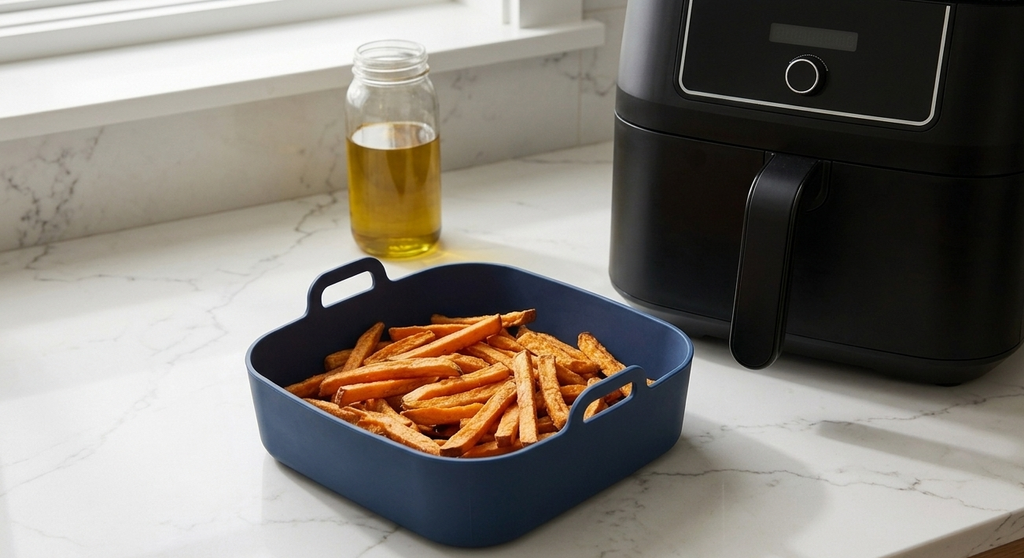 A navy blue silicone fry basket filled with golden sweet potato fries sits on a white marble kitchen countertop next to a black air fryer and a glass bottle of oil.